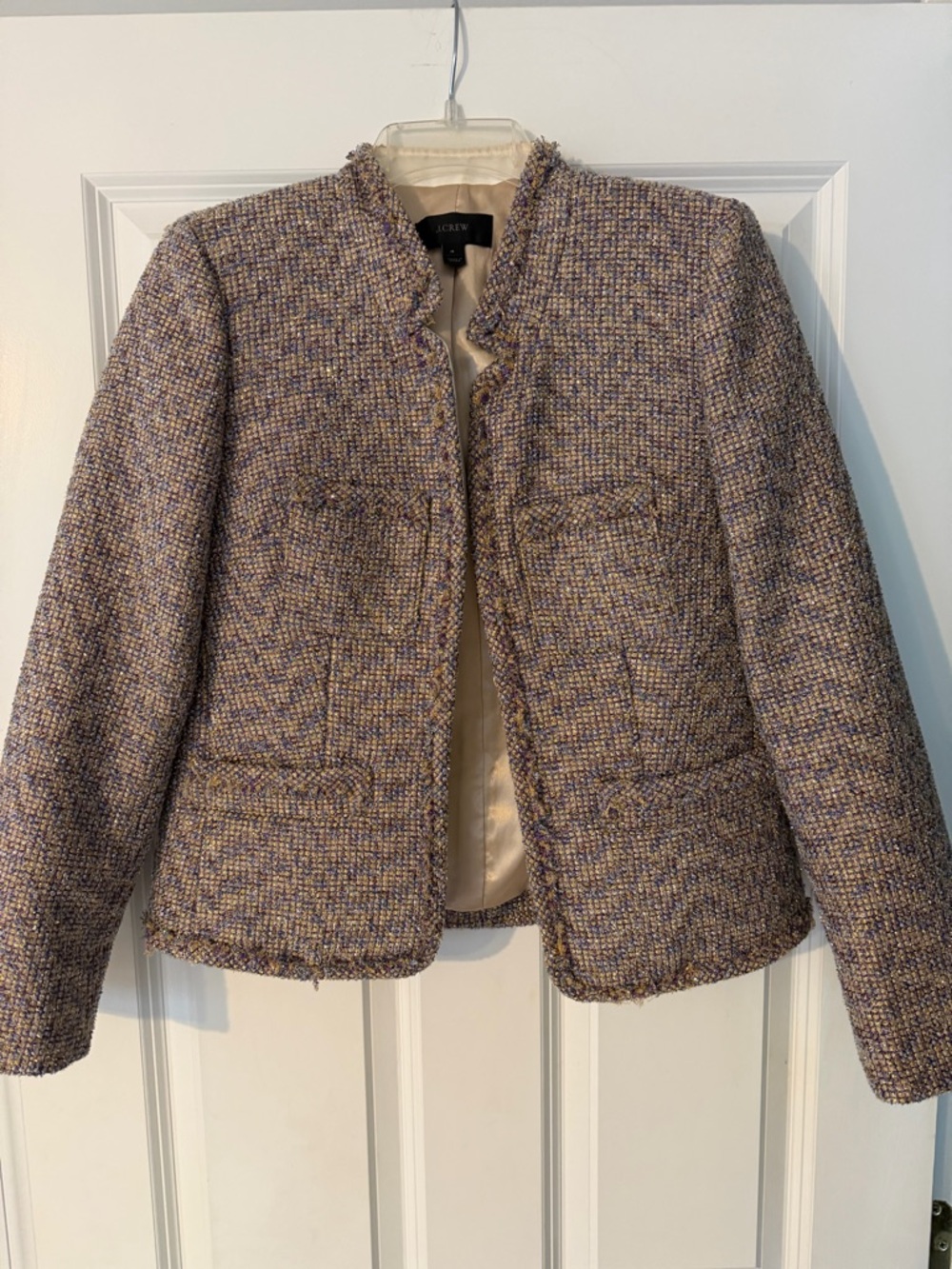 J. Crew Tweed Fringe Open-Front Blazer in Lavender Mix